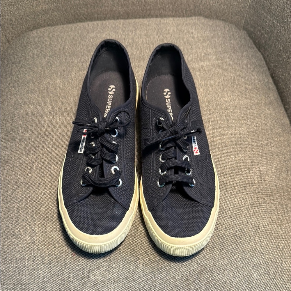 Superga Cream and Blue Canvas Sneakers with Rubber Sole